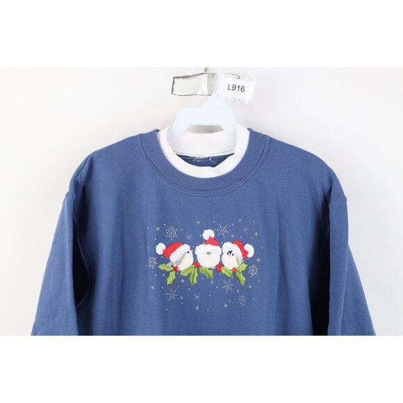 Vintage 90s Streetwear Womens Large Faded Christmas Snow Birds Sweatshirt Blue - Picture 2 of 12